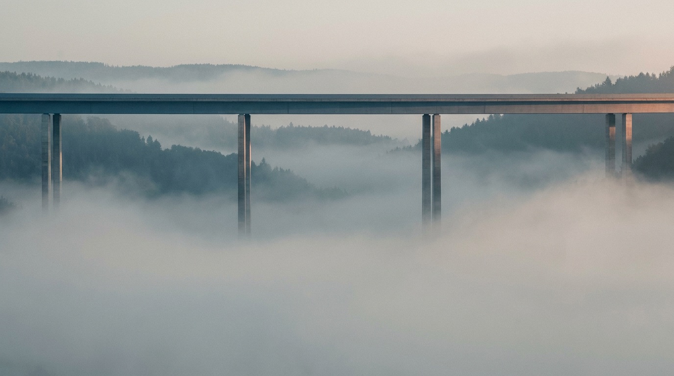 Concrete viaduct crossing a fog-filled valley at dawn